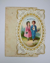 Stanzbildchen / Spitzenbildchen "Wir gratulieren!" Chromolithographie ...