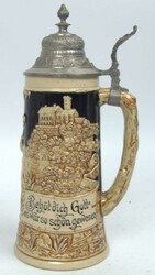 Bierkrug mit Daumendrücker, reichlich verziert "Behüt dich Gott es ...
