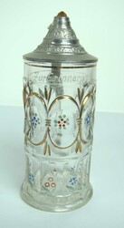 Jugendstil Bierkrug mit Daumendrücker, Emaillemalerei, Höhe ca. 22 ...