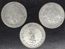Südafrika 1952, 3 x 5 Shillings- Silbermünzen "Segelschiff", ...