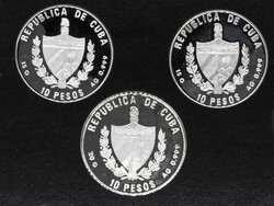 Kuba 2000/01, 3 x 10 Pesos - Silbermünzen, gekapselt, Erhaltung: ...