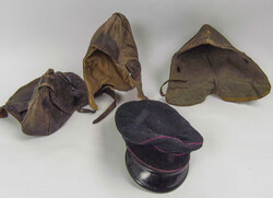 Lot of leather aviator hoods, probably World War II. Also 1 peaked ...