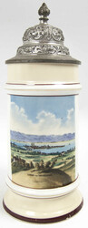 Stoneware beer mug with pewter lid and painted cityscape "Landau von ...