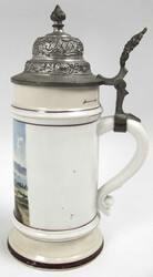 Stoneware beer mug with pewter lid and painted cityscape "Landau von ...