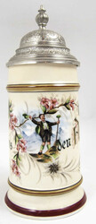 Antique beer stein with base image and pewter lid "Greetings from the ...