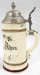 Antique beer stein with base image and pewter lid "Greetings from the ...