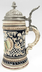 Ceramic stoneware with pewter lid, elaborate relief scene and ...