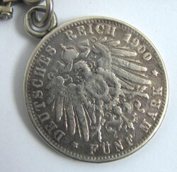 Uhrenkette, Metall, mit Münze DR Fünf Mark, 1900, Silber. Länge ca ...