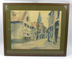 Aquarell, das eine europäische Gasse mit Gebäuden und einer ...