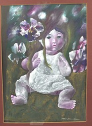Alois Hanslian. Kreidezeichnung "Kind umgeben von Orchideen" links ...