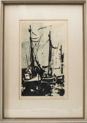 Willi Brombach, "Segelboote im Hafen", Holzschnitt Farbe, signiert ...