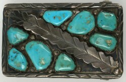 A. PENKETEWA Gürtelschnalle, Silber geprüft, mit Türkissen besetzt ...