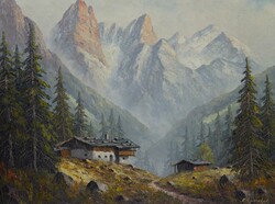 E.Rudolph. Ölgemälde auf Leinwand "Bauernhof mit Bergkulisse" ...