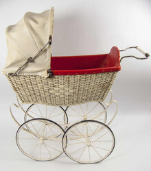 Vintage doll's pram, probably Brennabor. Wickerwork with red leather ...
