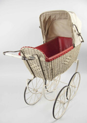 Vintage doll's pram, probably Brennabor. Wickerwork with red leather ...