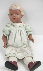 antike Schildkröt Puppe mit hellblauen Kleid mit gestickten ...