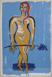 Elvira Bach, Druckgrafik-Multiple, Frau mit Anthurie, um 1990, hinter ...