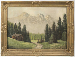 Ölgemälde auf Leinwand "idyllische Szene mit Bergen, Tannenwald und ...