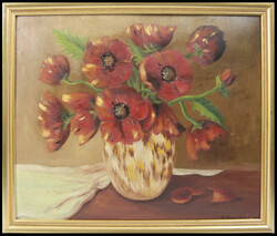 Ölgemälde auf Platte "Stillleben "Mohnblumen in Vase" rechts unten ...