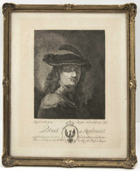 Bildnis des Rembrandt, Radierung von Krüger, ca. 1769. Hinter Glas ...