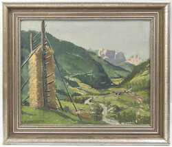 Ölgemälde auf Platte "bergige Landschaft mit Heutrockner (Harpfen)" ...