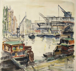Aquarell, künstlerisches Gemälde "Hafenszene" es handelt sich um ...