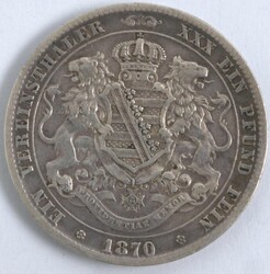 Ein Vereinsthaler, ein Pfund Fein, 1870B, Sachsen, Johann König von ...