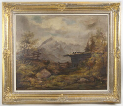 Ungedeuteter Künstler. Ölgemälde auf Platte "alpine Szene mit ...