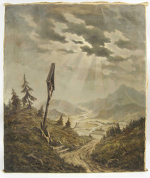 Ölgemälde auf Leinwand "Das Kreuz im Gebirge" links unten ...