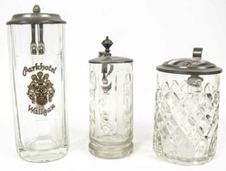 3 glass beer mugs, 1 with a porcelain lid, from a liquidation sale