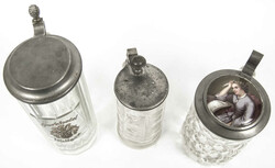 3 glass beer mugs, 1 with a porcelain lid, from a liquidation sale