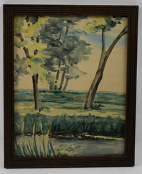 Aquarell "Landschaftsmalerei" hinter Glas gerahmt. Gesamtmaße: Höhe ...