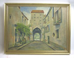 Ölgemälde auf Platte "Stadtansicht mit Torbogen" rechts undeutlich ...