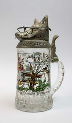 Glasbierkrug mit Zinndeckel Fuchskopf, dieser mit abnehmbarer Brille ...