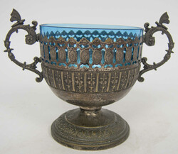 WMF Jugendstil Fußschale mit blauem Glaseinsatz. Florale Griffe mit ...