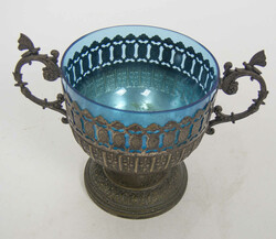 WMF Jugendstil Fußschale mit blauem Glaseinsatz. Florale Griffe mit ...