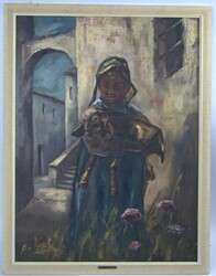 Ölgemälde in Rahmen, " F.K. Thauer, München", Mädchen mit Lamm, ...