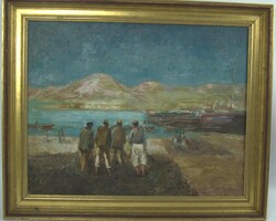 Ölgemälde im goldenen Holzrahmen, " Fischerszene am Strand ", ...