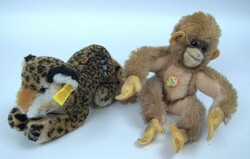 2 Steiff Tiere, 1x Affe Hango mit Schild, sowie 1x Leopoard Siggi, ...