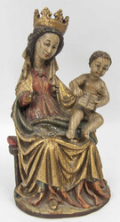 Madonnenstatue mit Jesukind, geschnitzte Holzfigur, farbig bemalt. ...