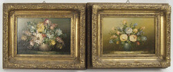 2× Ölgemälde auf Holzplatte, Blumenstillleben in Vasen. Im ...