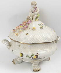 Porzellanterrine mit Plutto- Aufsatz und Füllhorn. Blaue ...