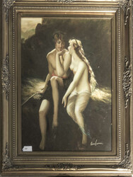 Oil painting on canvas, "The Fisherman and the Siren," signed ...