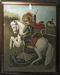 Oil painting on hardboard, iconic depiction of "Saint George slaying ...