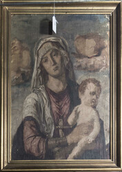Ölgemälde auf Platte, religiöse Darstellung der Madonna mit Kind. ...