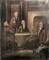 Oil painting on canvas, "Group of Men"; the clothing suggests a ...