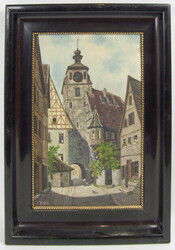 Oil painting on panel "Tower in Rothenburg ob der Tauber", signed ...