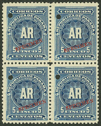 Yvert 42, 1904 5c. blue, block of 4 with SPECIMEN overprint and punch ...