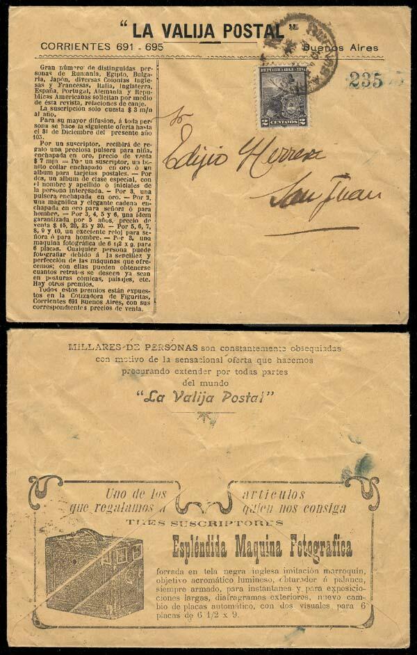 Cover with advertising on front and reverse: "La Valija Postal" ...