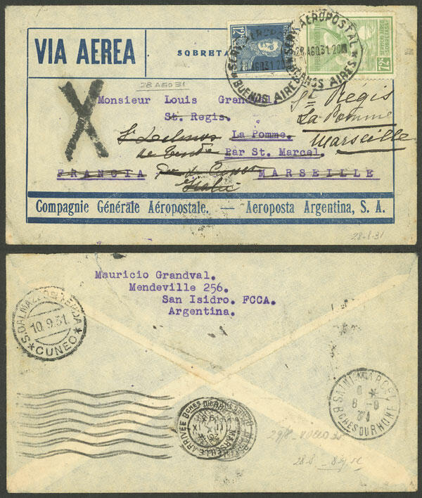 28/AU/1931 Buenos Aires - France - Italy - France, airmail cover sent ...